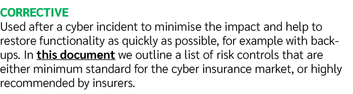Corrective Used after a cyber incident to minimise the impact and help to restore functionality as quickly as possibl...